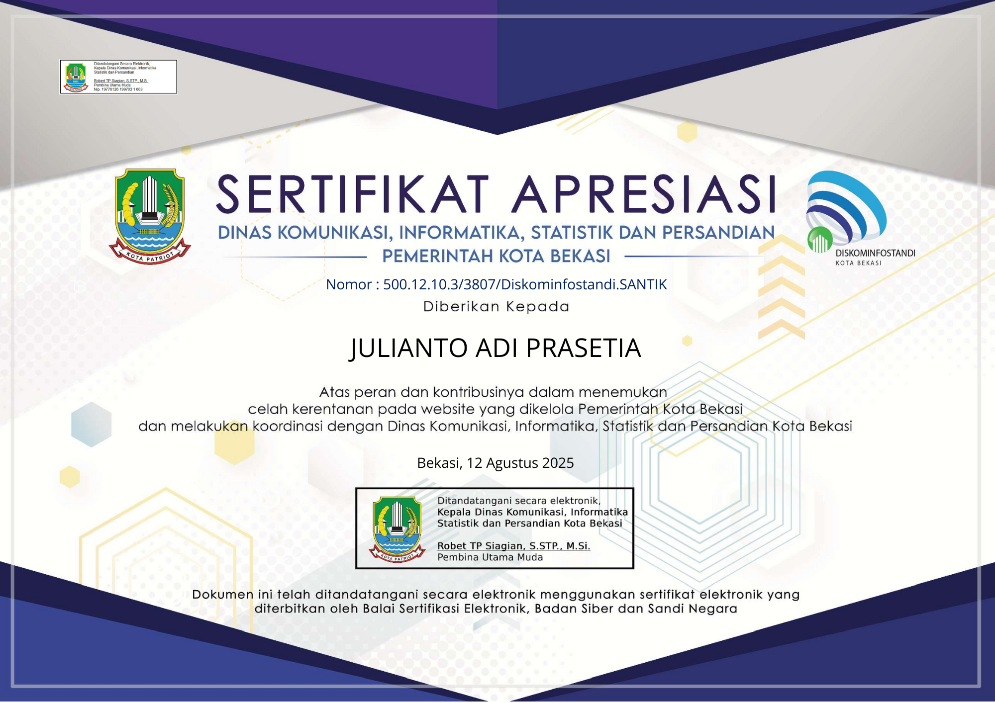 Sertifikat Apresiasi Pemkot Bekasi