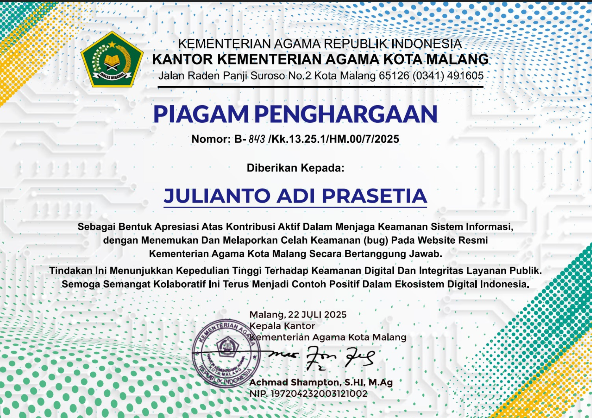 Piagam Penghargaan Kemenag Kota Malang