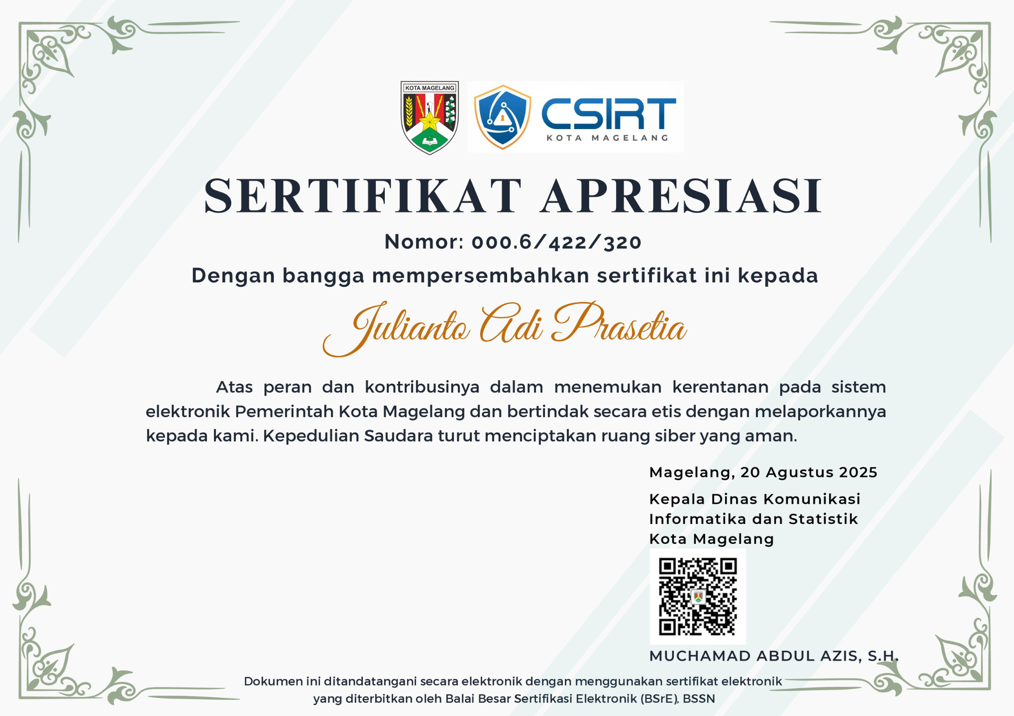 Sertifikat Apresiasi CSIRT Kota Magelang